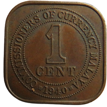 Load image into Gallery viewer, 1940 King George VI Commissioners of Currency Malaya One Cent Coin
