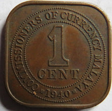 Load image into Gallery viewer, 1940 King George VI Commissioners of Currency Malaya One Cent Coin
