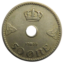 Load image into Gallery viewer, 1927 Norway 50 Ore Coin
