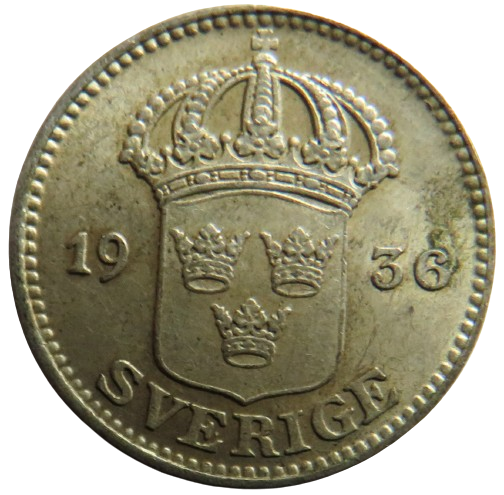 1936 Sweden Silver 25 Ore Coin