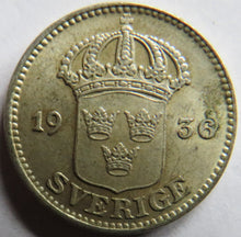 Load image into Gallery viewer, 1936 Sweden Silver 25 Ore Coin
