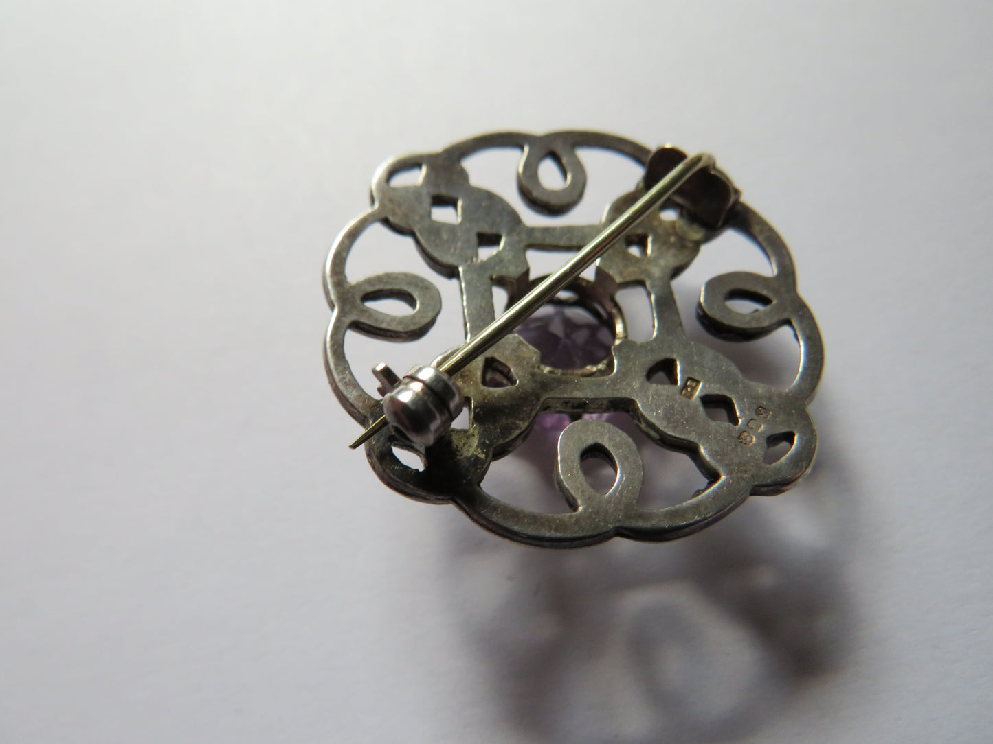 Sterling Silver & Purple Stone Celtic Scottish Brooch