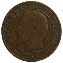Load image into Gallery viewer, 1854-B France Napoleon III 5 Centimes Coin

