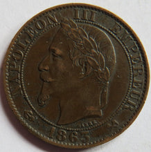 Load image into Gallery viewer, 1863-K France Napoleon III 5 Centimes Coin
