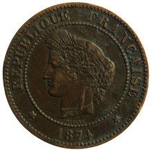 Load image into Gallery viewer, 1874-A France 5 Centimes Coin

