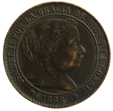 Load image into Gallery viewer, 1868 Spain 2 &amp; 1/2 Centimos Coin - Isabel II
