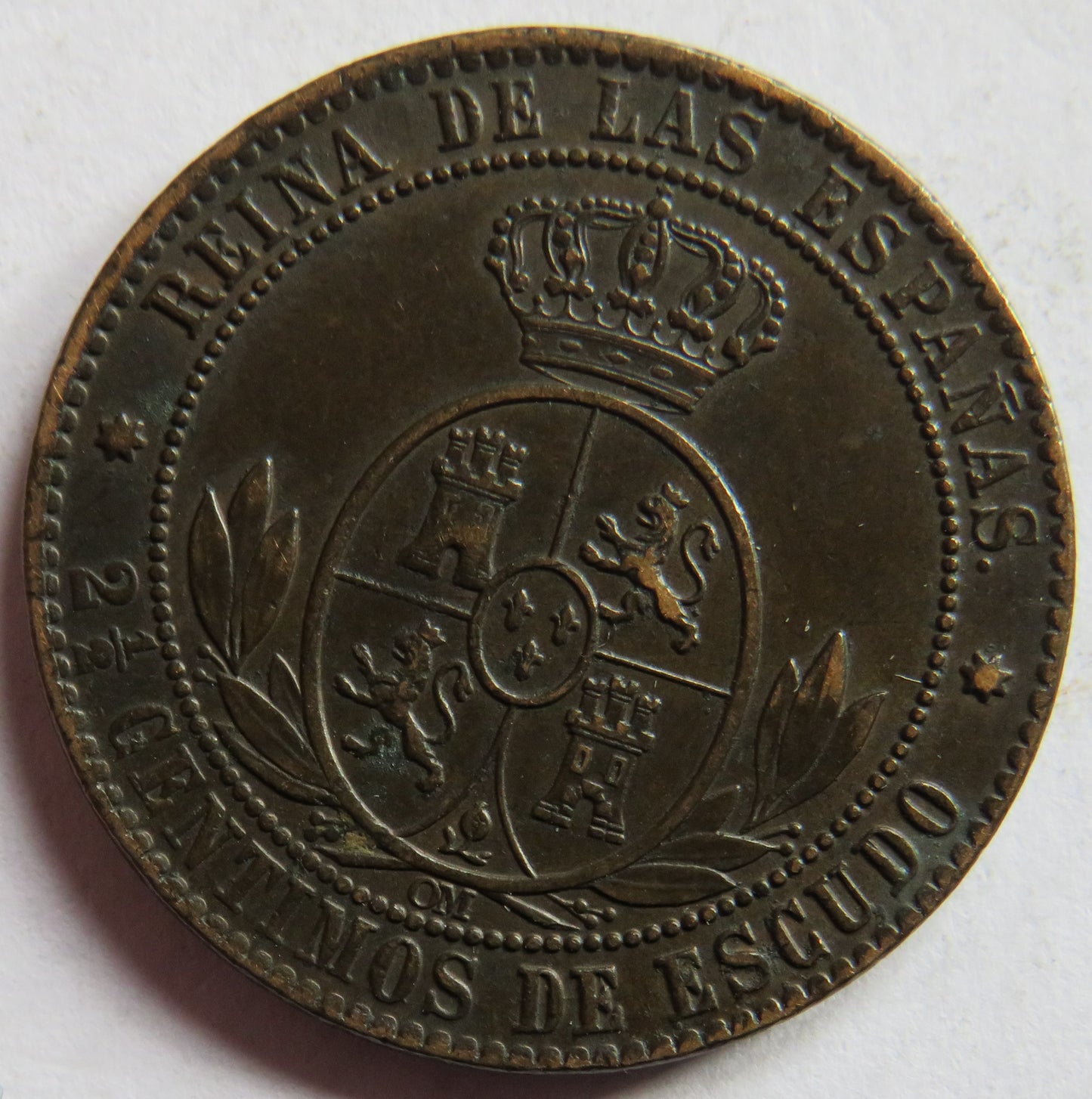 1868 Spain 2 & 1/2 Centimos Coin - Isabel II
