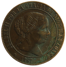 Load image into Gallery viewer, 1867 Spain 5 Centimos Coin - Isabel II
