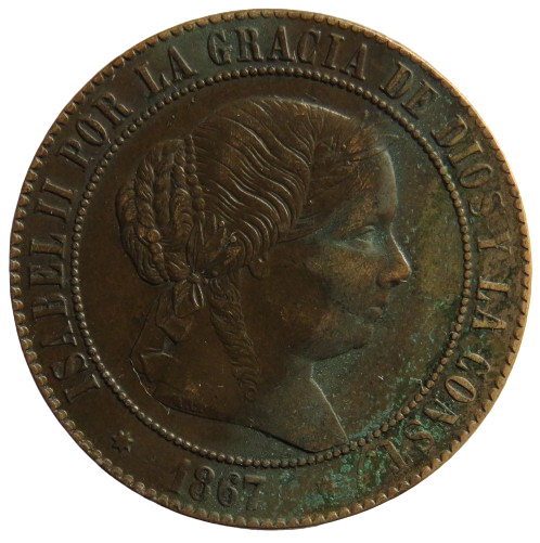 1867 Spain 5 Centimos Coin - Isabel II