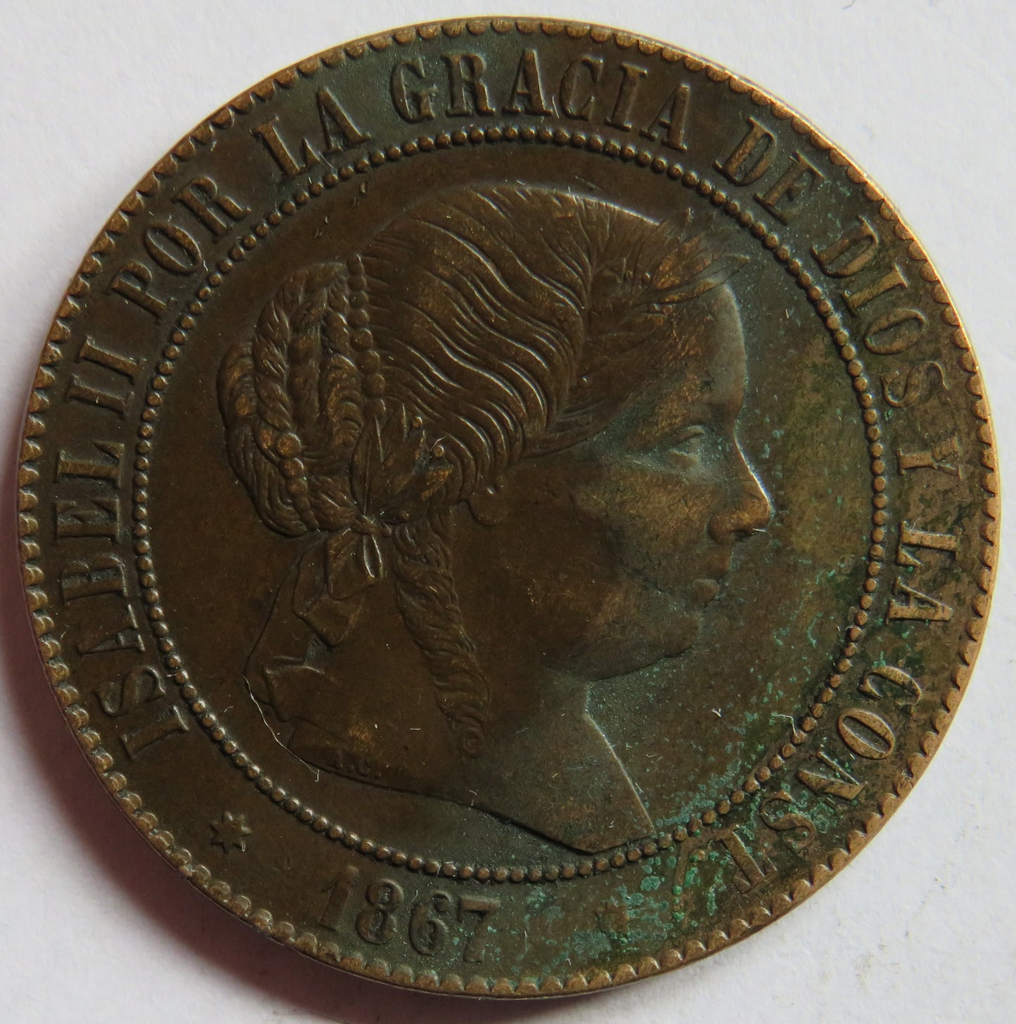 1867 Spain 5 Centimos Coin - Isabel II