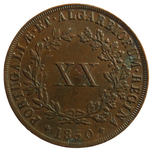 1850 Portugal 20 Reis Coin Good Grade