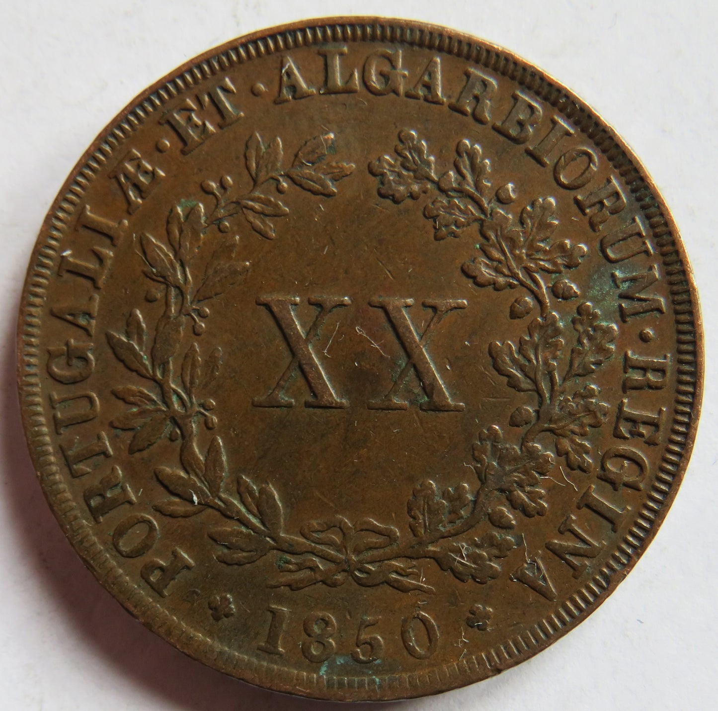 1850 Portugal 20 Reis Coin Good Grade