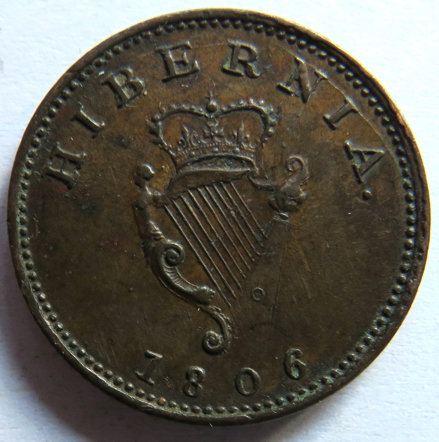 1806 King George III Ireland Hibernia Farthing Coin Excellent Grade.