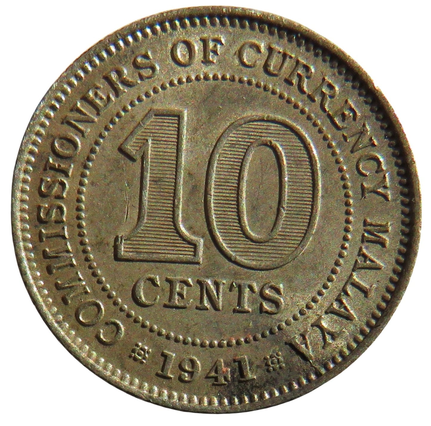 1941 King George VI Commissioners of Currency Malaya Silver 10 Cents Coin
