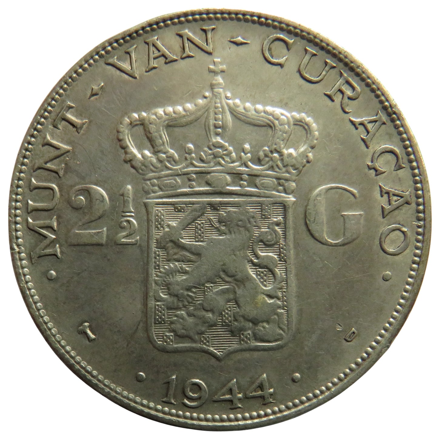 1944 Munt-Van-Curacao Silver 2 & 1/2 Gulden Coin