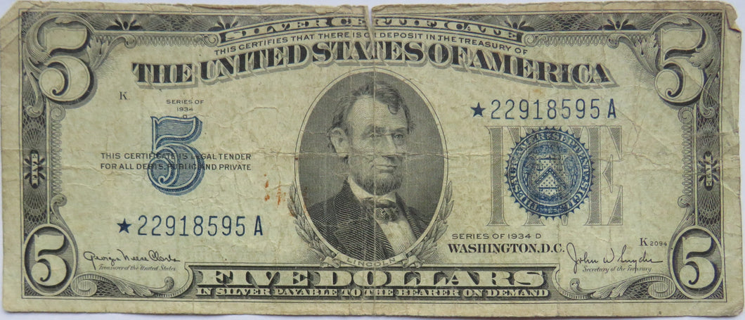 1934 D United States of America Silver Certificate $5 Banknote