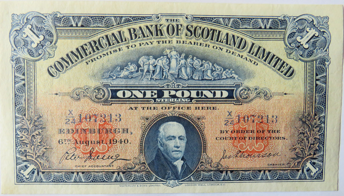 1940 Commercial Bank of Scotland £1 One Pound Banknote High Grade
