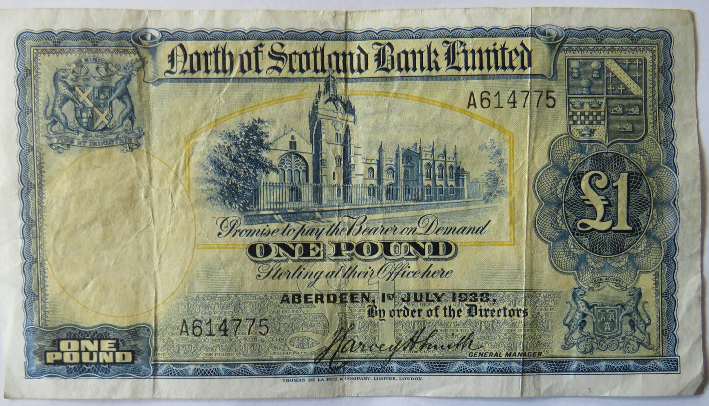 1938 North of Scotland Bank Limited £1 One Pound Banknote