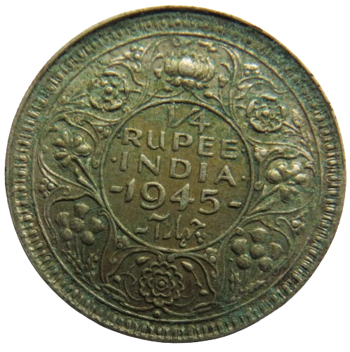 1945 King George VI India Silver 1/4 Rupee Coin