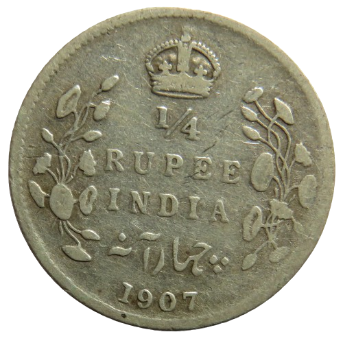 1907 King Edward VII India Silver 1/4 Rupee Coin
