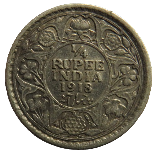 1918 King George V India Silver 1/4 Rupee Coin