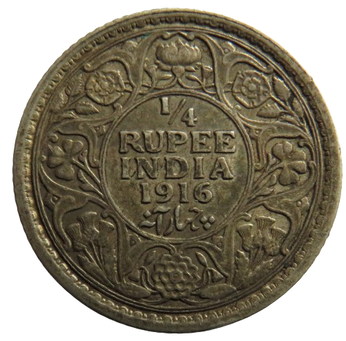 1916 King George V India Silver 1/4 Rupee Coin