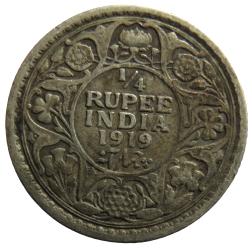 1919 King George V India Silver 1/4 Rupee Coin
