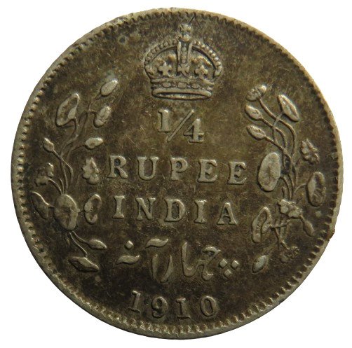 1910 King Edward VII India Silver 1/4 Rupee Coin