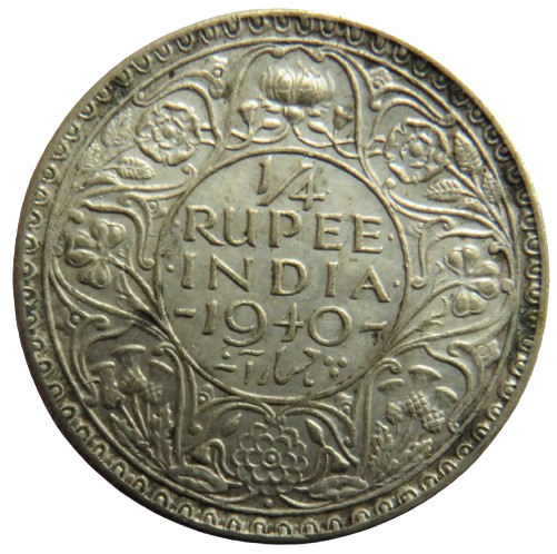 1940 King George VI India Silver 1/4 Rupee Coin