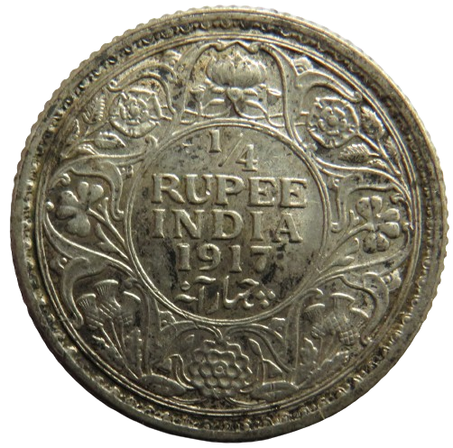1917 King George V India Silver 1/4 Rupee Coin