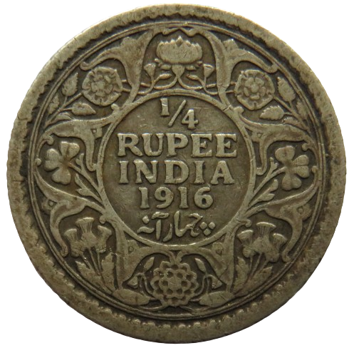 1916 King George V India Silver 1/4 Rupee Coin