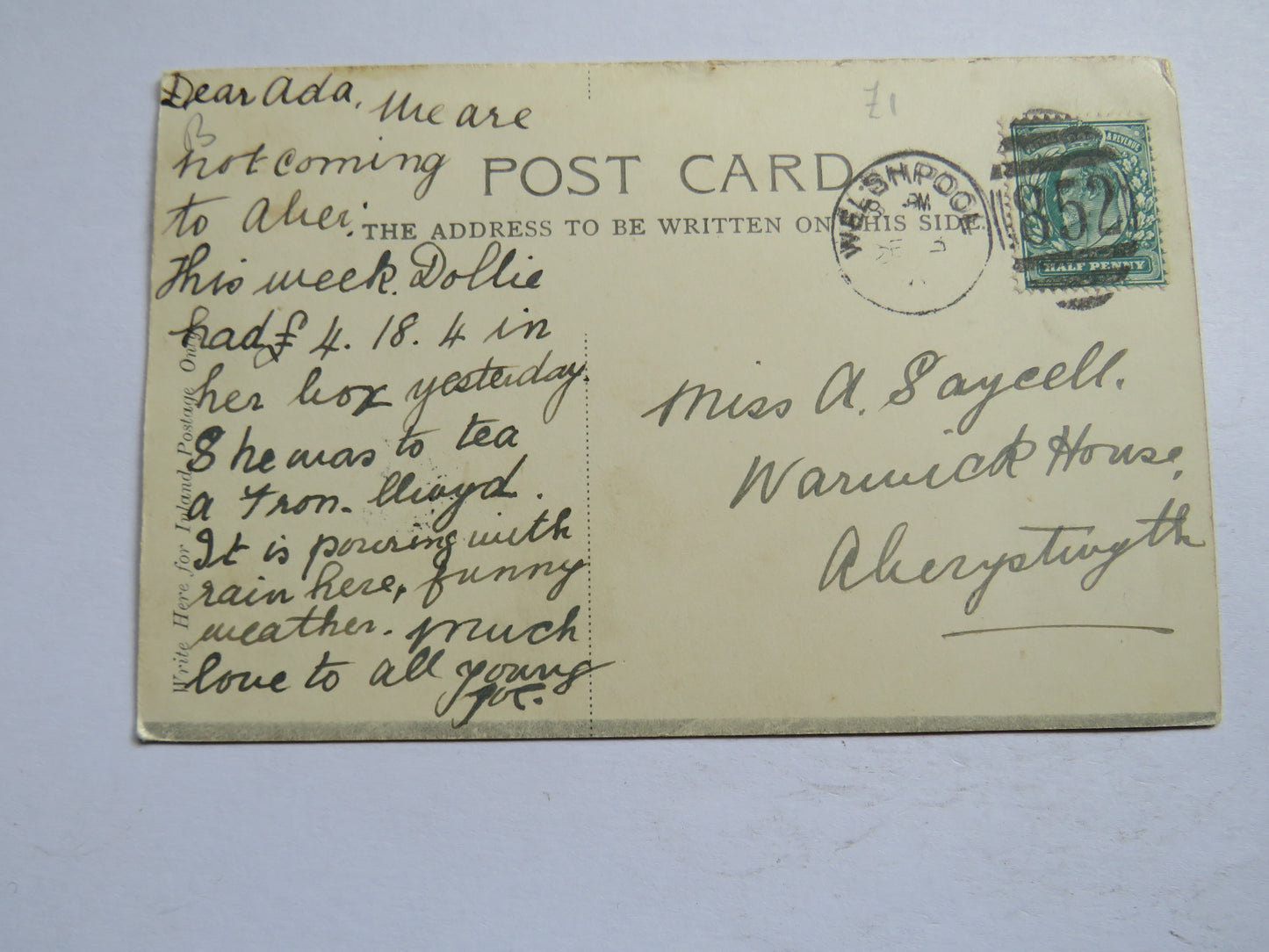 Vintage Postcard of Grasmere (1908 Welshpool Postmark)