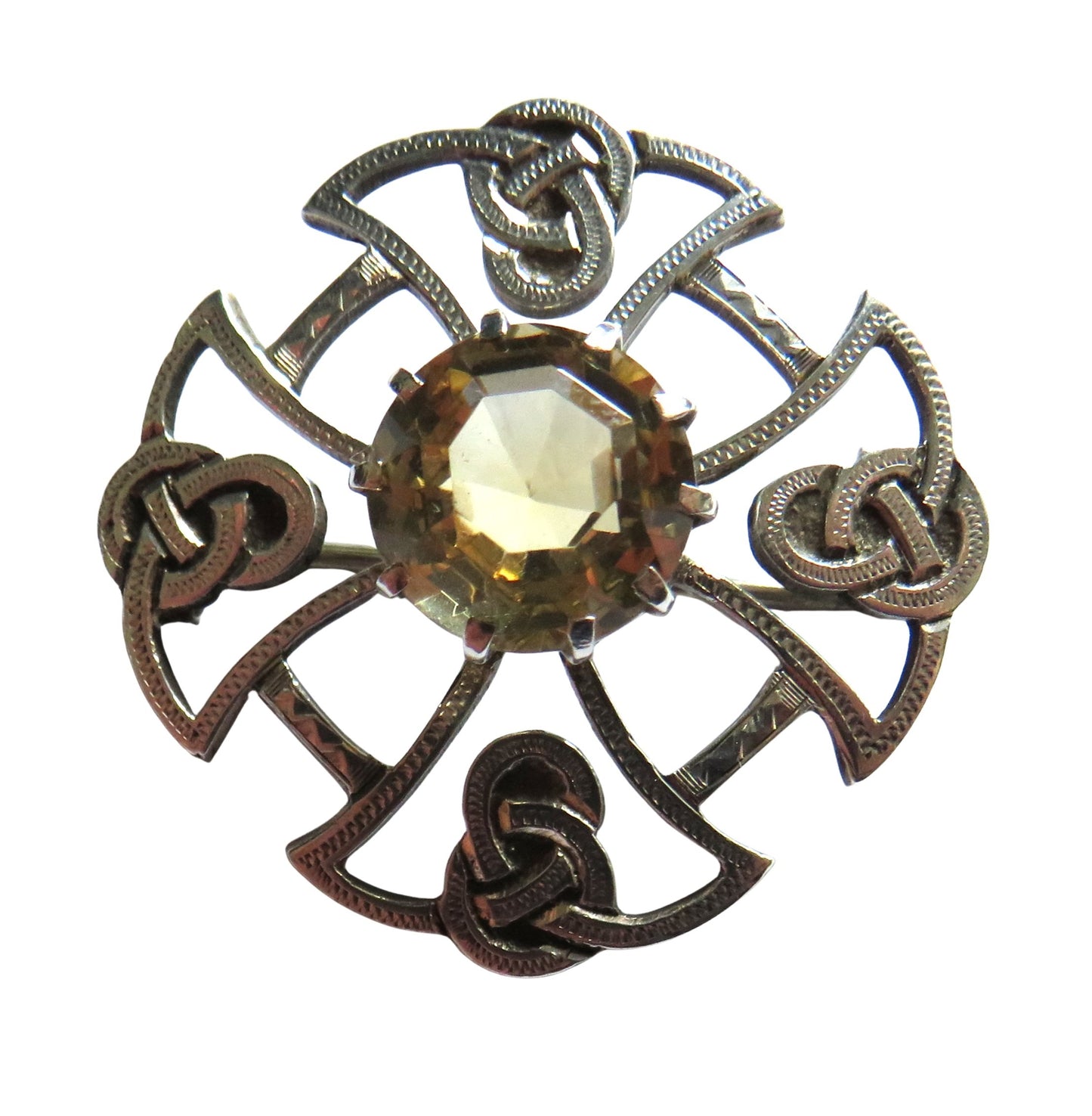 Vintage Scottish Silver & Citrine Celtic Cross Style Brooch