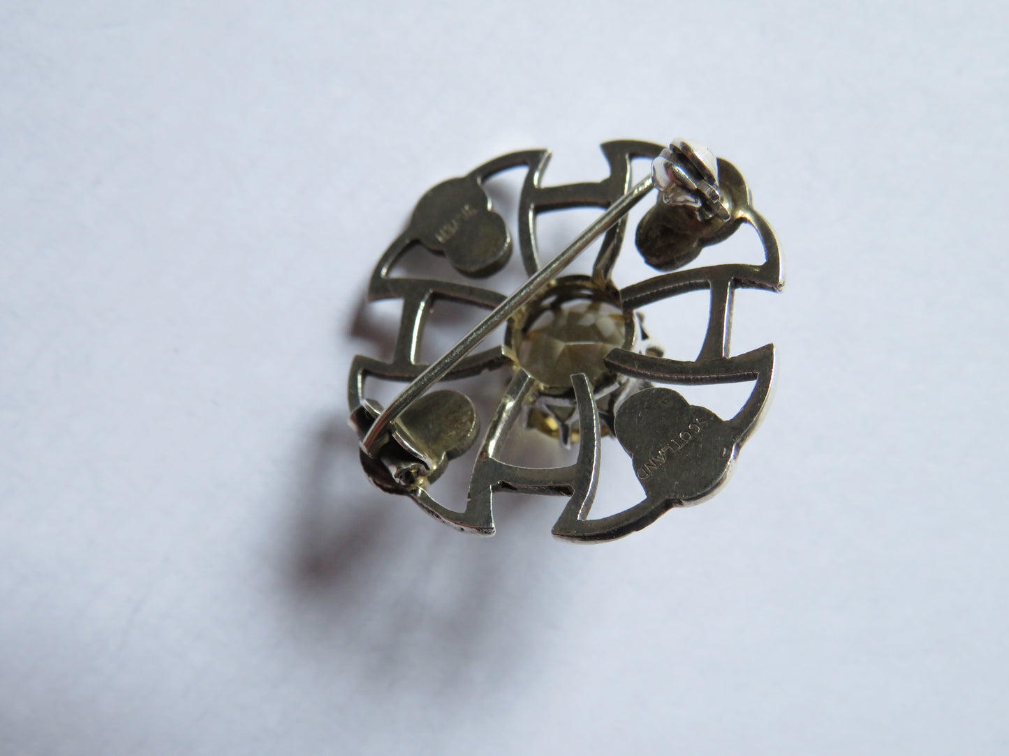 Vintage Scottish Silver & Citrine Celtic Cross Style Brooch