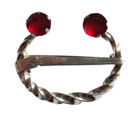 Vintage White Metal & Red Stone Scottish Penannular Brooch