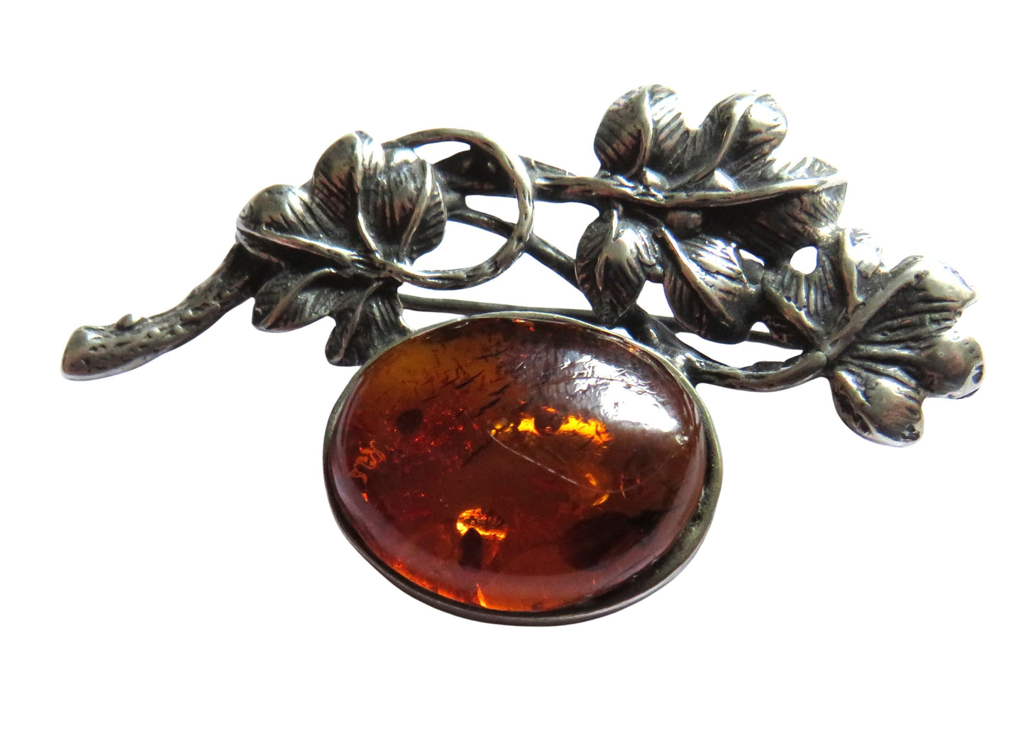 Vintage .800 Silver & Amber Floral Brooch