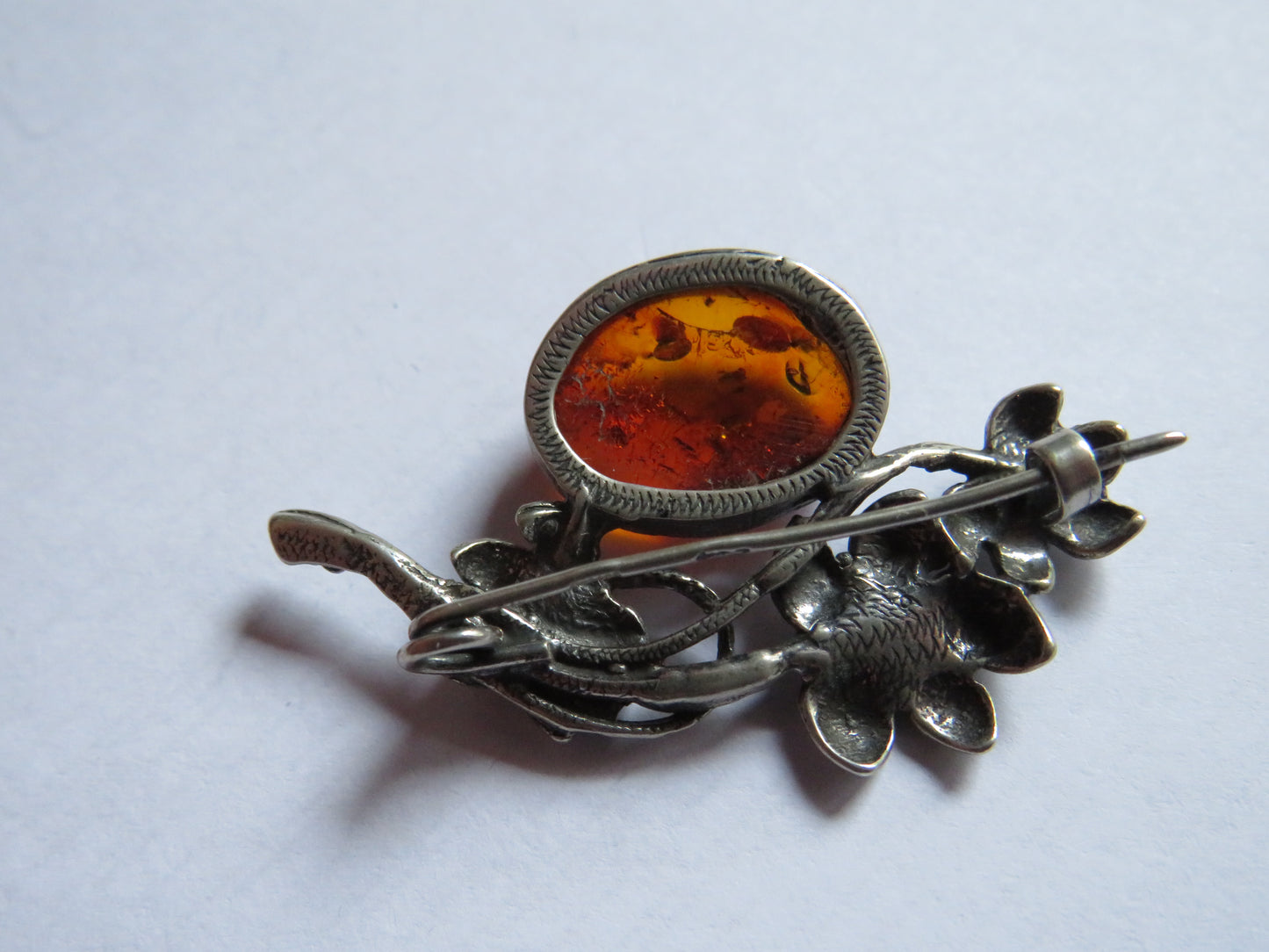 Vintage .800 Silver & Amber Floral Brooch