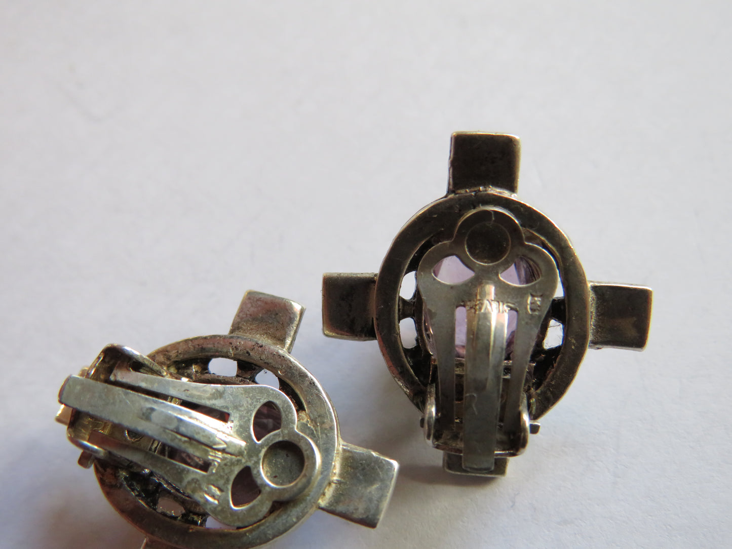 Vintage Sterling Silver & Amethyst Cetlic Cross & Thistle Scottish Earrings Clip On