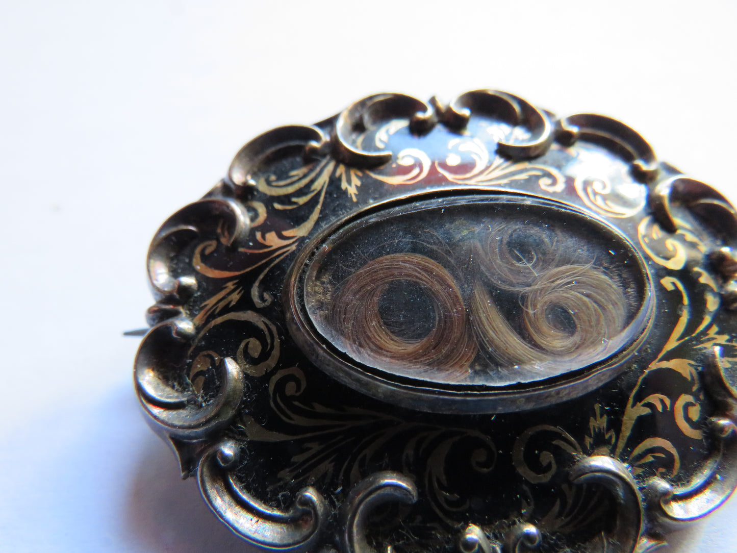 Antique Victorian Black Enamel Mourning Brooch With Hair Locks