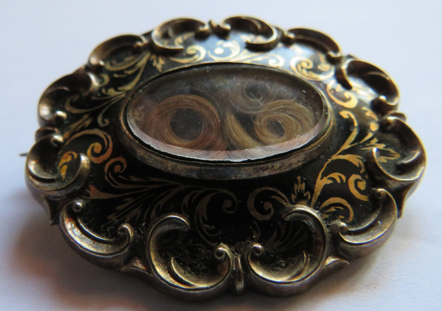 Antique Victorian Black Enamel Mourning Brooch With Hair Locks