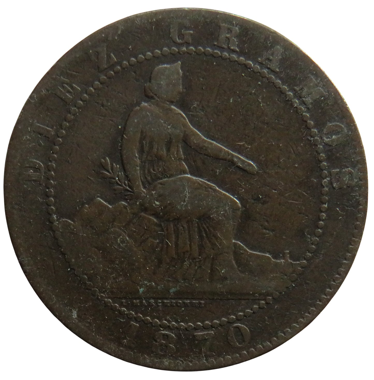 1870 Spain 10 Centimos Coin