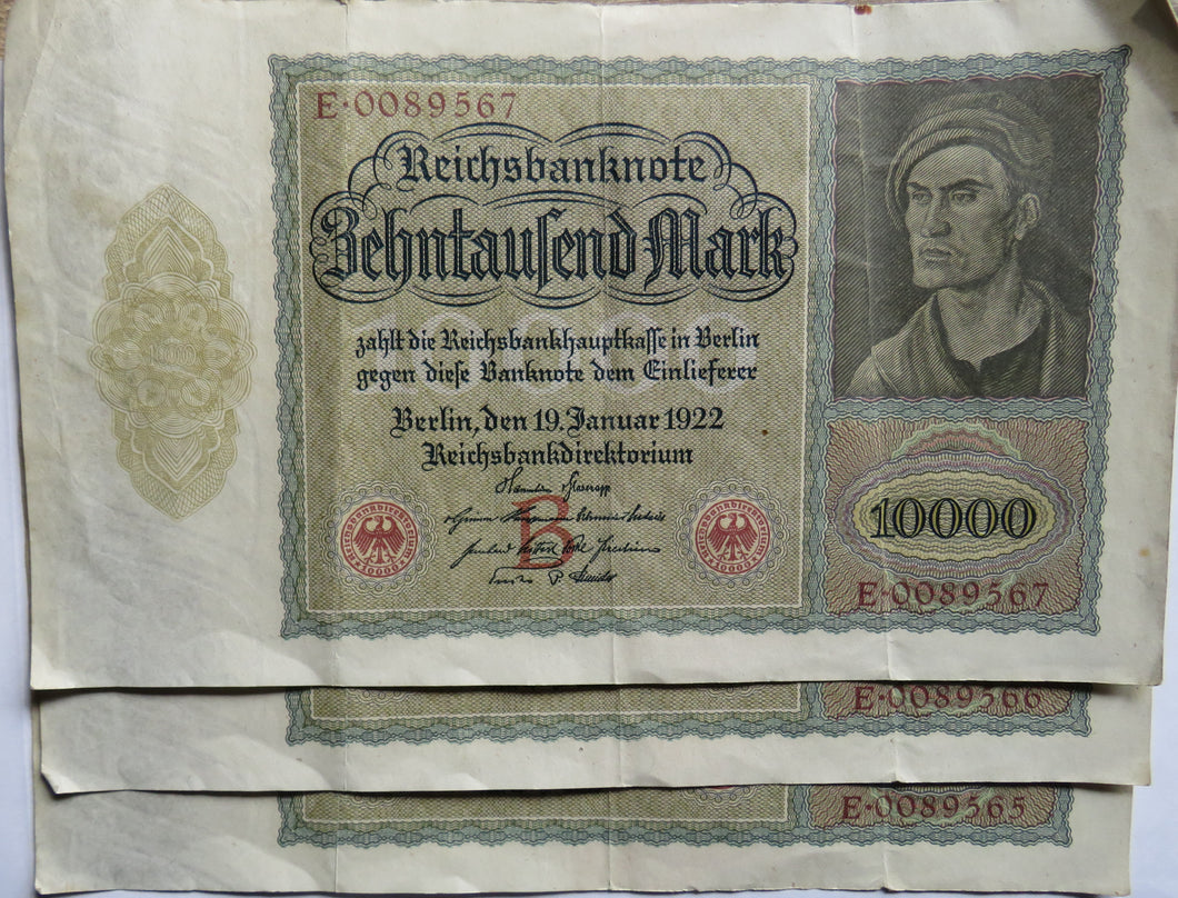 3 Consecutive1922 Germany 10000 Mark Banknotes