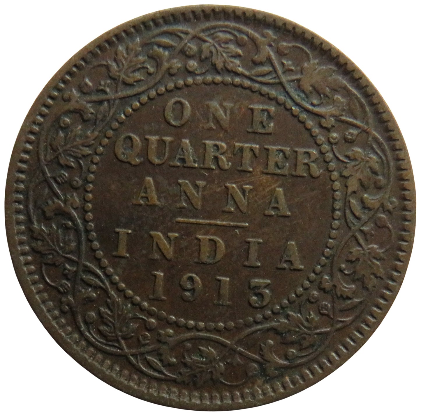 1913 King George V India 1/4 Quarter Anna Coin