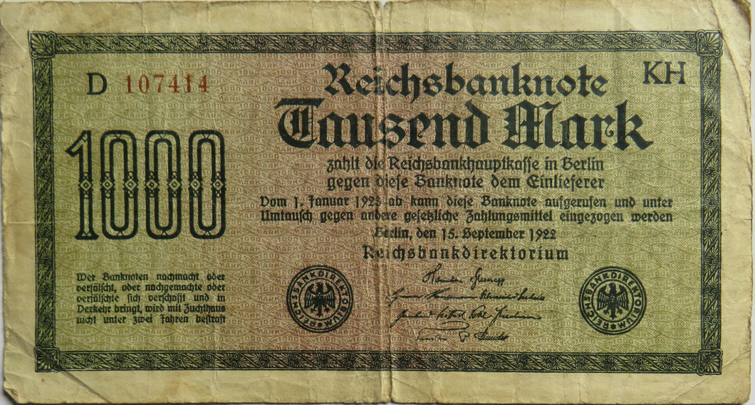 1922 Germany 1000 Mark Banknote