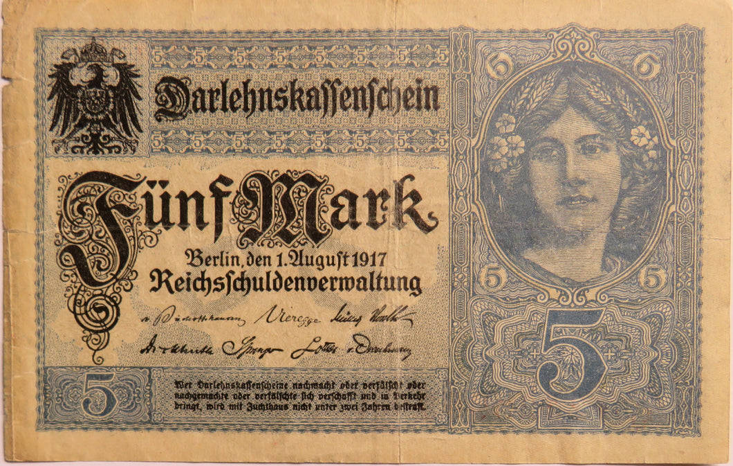 1917 Germany 5 Mark Banknote