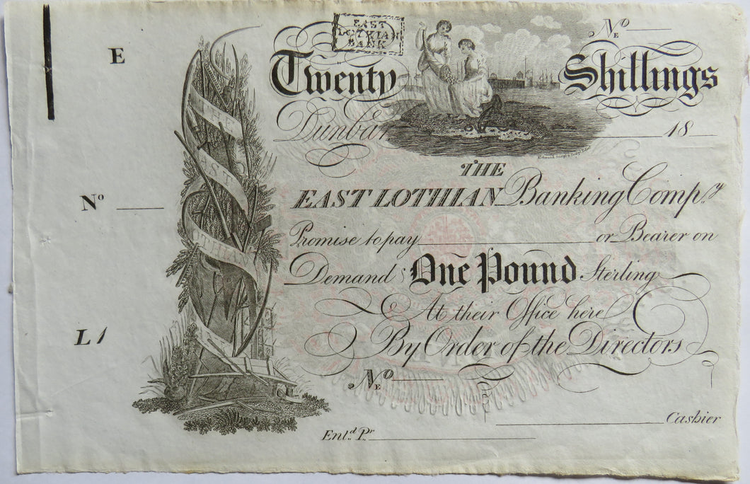 Early 19thC The East Lothian Banking Company Twenty Shillings £1 Note Unissued