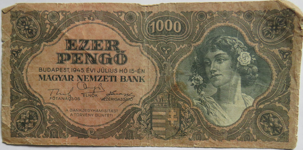 1945 Hungary 1000 Pengo Banknote