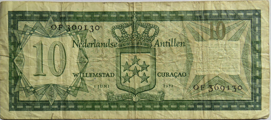 1972 Nederlandse Antillen 10 Gulden Willemstad Curacoa Banknote
