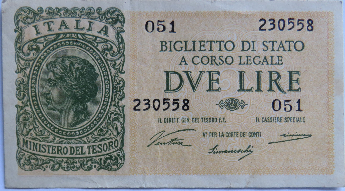 1944 Italy 2 Lire Banknote
