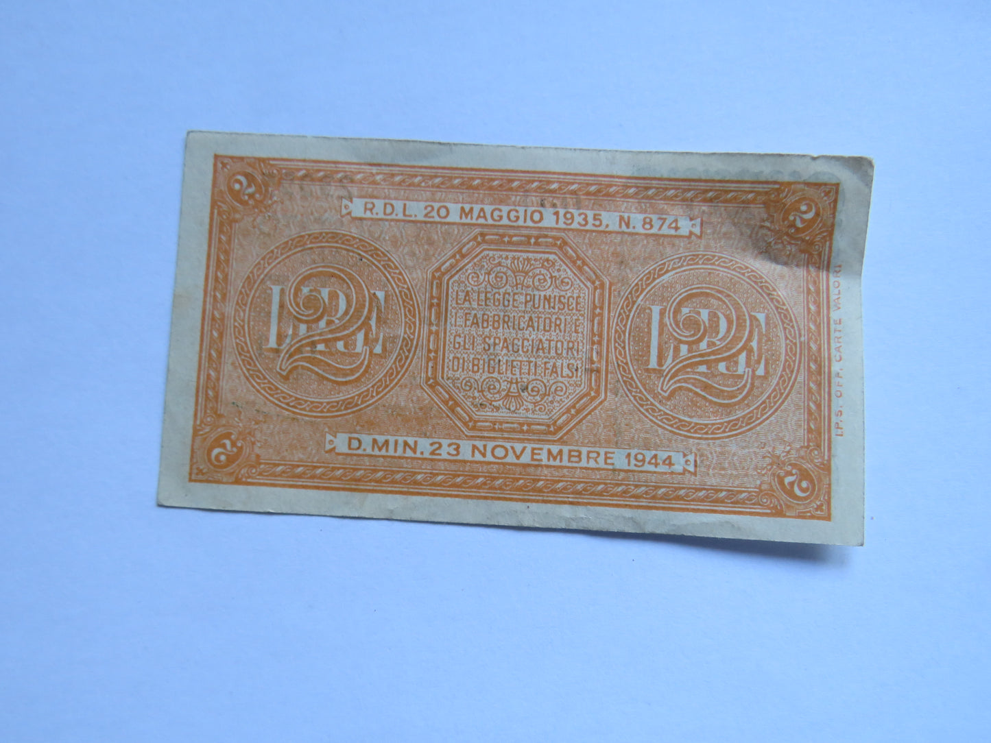 1944 Italy 2 Lire Banknote